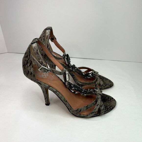 Vince Camuto Leather Snakeskin Open Toe Pumps Heels Buckle Grey Jeweled Womens - Picture 7 of 12